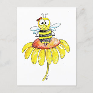 Cute Whimsical Bee på en blomma Vykort