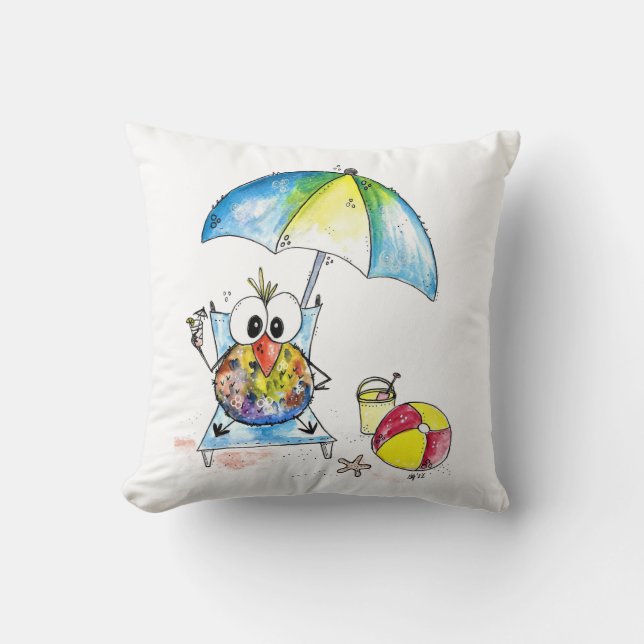 Cute Whimsical Bird on Beach Kudde (Framsida)