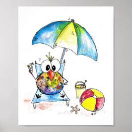 Cute Whimsical Bird on Beach Poster