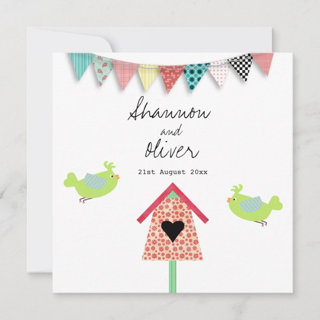 Cute Whimsical Birds and Birdhouse Wedding bjudits Inbjudningar (Framsida)
