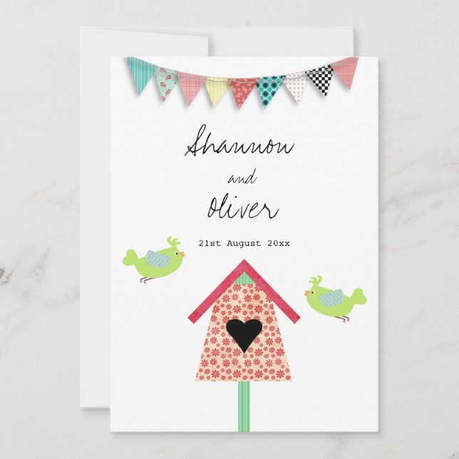 Cute Whimsical Birds and Birdhouse Wedding bjudits Inbjudningar (Framsida)