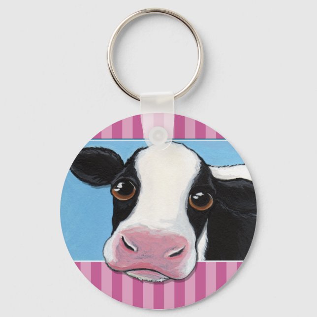 Cute Whimsical Black & White Cow med Rosa Rand Nyckelring (Framsida)