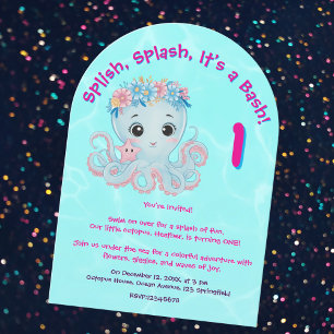 Cute Whimsical Blommigt Octopus Girly Barns födels Inbjudningar