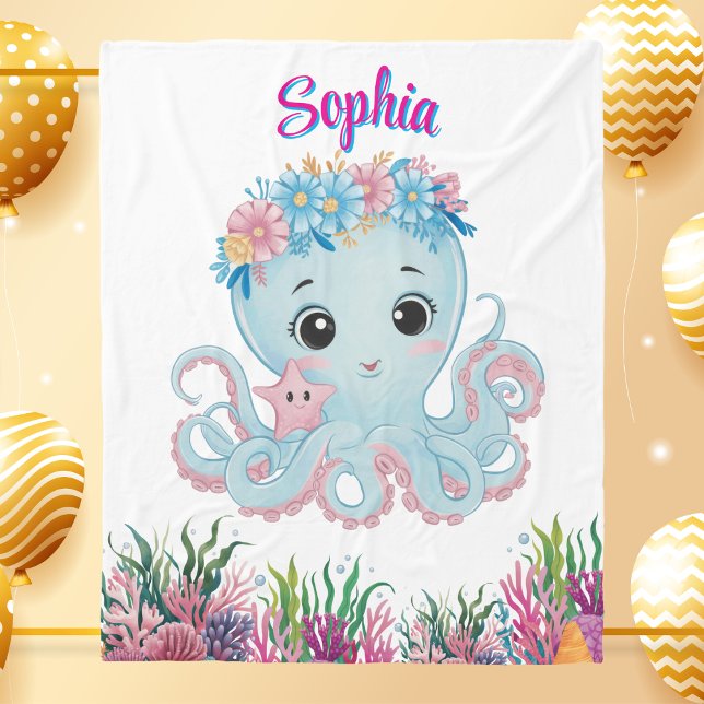 Cute Whimsical Blommigt Octopus Girly Birthday Gif Fleecefilt (Skapare uppladdad)