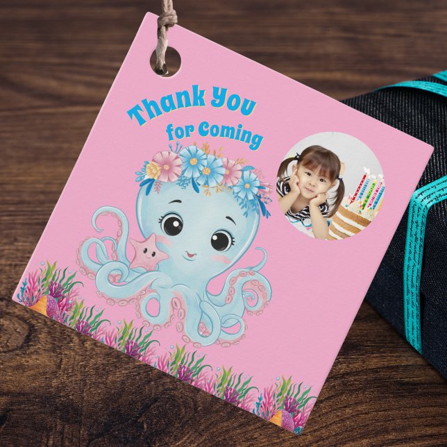 Cute Whimsical Blommigt Octopus Girly Photo Birthd Gåvor Etiketter (Skapare uppladdad)