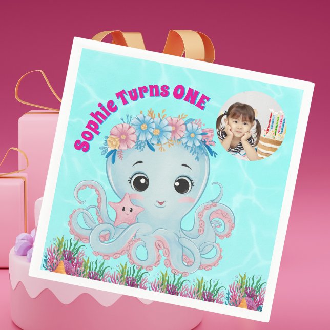 Cute Whimsical Blommigt Octopus Girly Photo Birthd Pappersservett (Skapare uppladdad)
