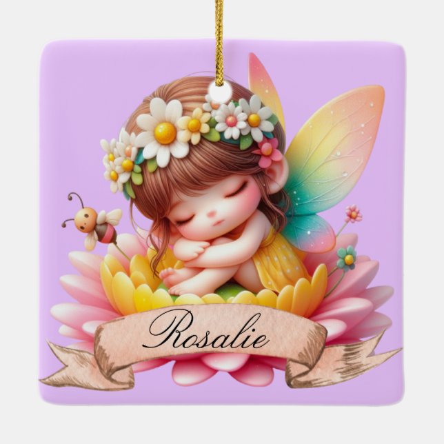 Cute Whimsical Blommigt Sweet Dreams Sleeping Fair Julgransprydnad Keramik (Baksida)