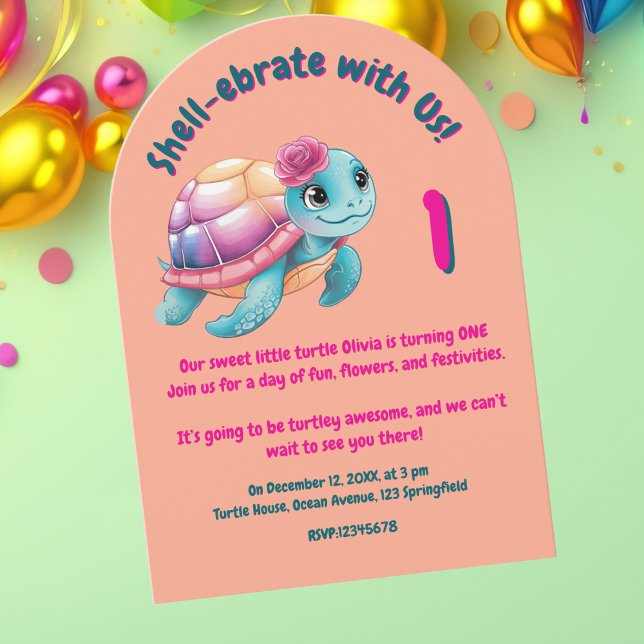 Cute Whimsical Blommigt Turtle Girly Barns födelse Inbjudningar (Skapare uppladdad)