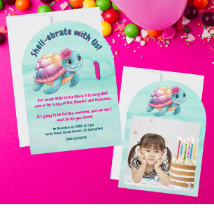 Cute Whimsical Blommigt Turtle Girly Barns födelse Inbjudningar