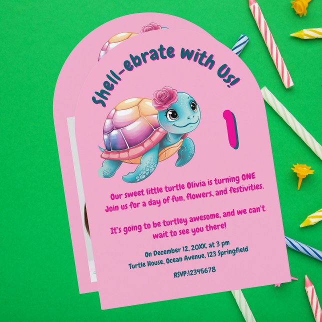 Cute Whimsical Blommigt Turtle Girly Barns födelse Inbjudningar (Skapare uppladdad)