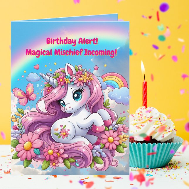 Cute Whimsical Blommigt Unicorn Girly Barns födels Kort (Skapare uppladdad)