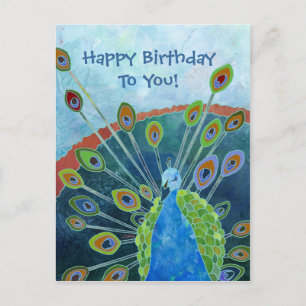 Cute Whimsical Blue Peacock Birthday Vykort