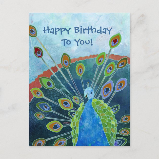 Cute Whimsical Blue Peacock Birthday Vykort (Framsida)