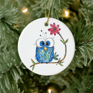 Cute Whimsical Blue Uggla Julgransprydnad Keramik