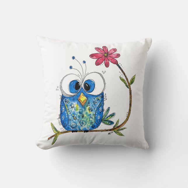 Cute Whimsical Blue Uggla Kudde (Framsida)