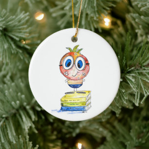 Cute whimsical Bok Nerd Julgransprydnad Keramik
