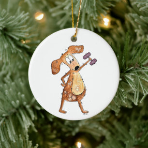 Cute Whimsical Brown-Hund lyftvikt Julgransprydnad Keramik