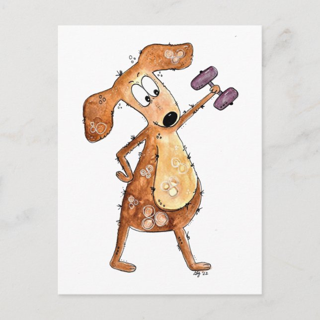 Cute Whimsical Brown-Hund lyftvikt Vykort (Framsida)