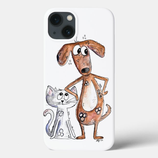 Cute Whimsical Brown Hund och Grått Cat (Baksida)