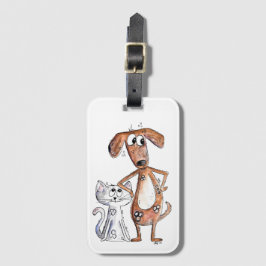 Cute Whimsical Brown Hund och Grått Cat Bagagebricka