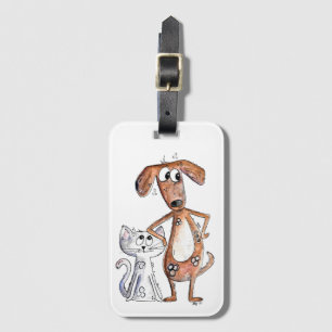 Cute Whimsical Brown Hund och Grått Cat Bagagebricka
