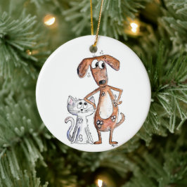 Cute Whimsical Brown Hund och Grått Cat Julgransprydnad Keramik
