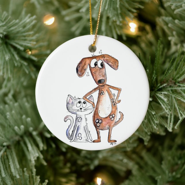 Cute Whimsical Brown Hund och Grått Cat Julgransprydnad Keramik (Träd)