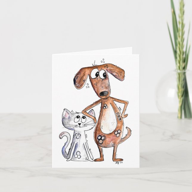 Cute Whimsical Brown Hund och Grått Cat Kort (Framsida)