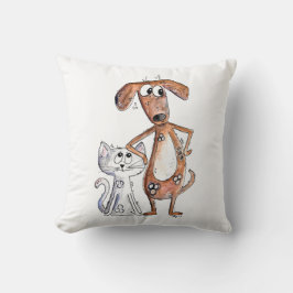 Cute Whimsical Brown Hund och Grått Cat Kudde