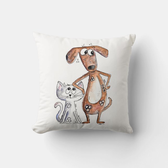Cute Whimsical Brown Hund och Grått Cat Kudde (Framsida)