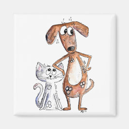 Cute Whimsical Brown Hund och Grått Cat Magnet