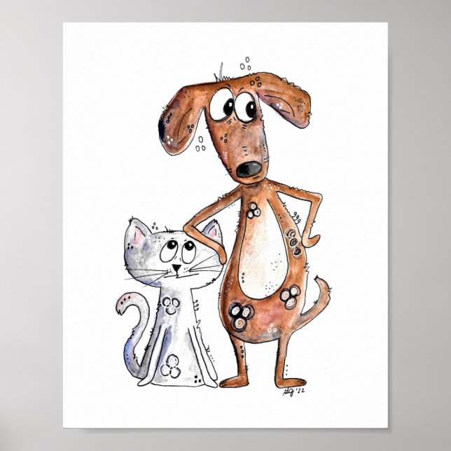 Cute Whimsical Brown Hund och Grått Cat Poster (Framsidan)