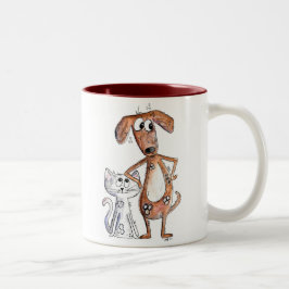 Cute Whimsical Brown Hund och Grått Cat Två-Tonad Mugg