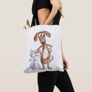 Cute Whimsical Brown Hund och Grått Cat Tygkasse