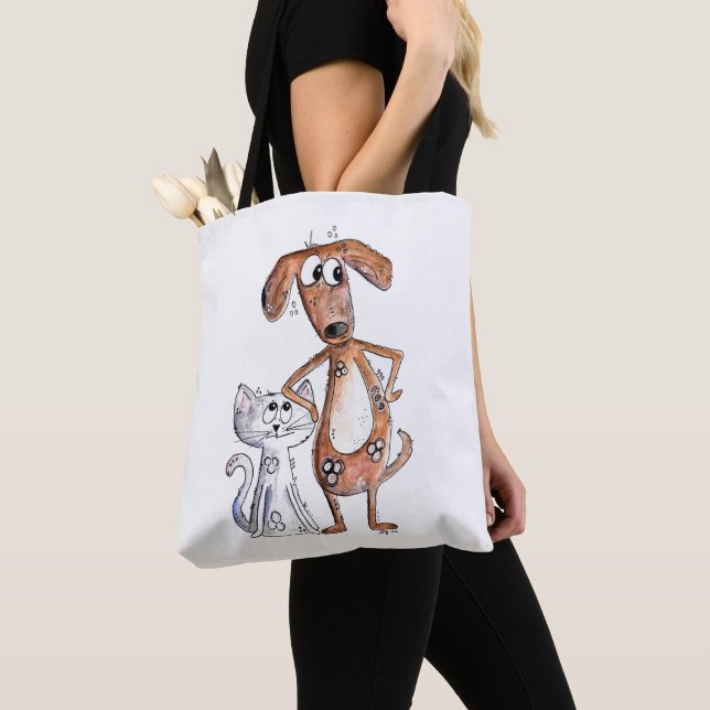 Cute Whimsical Brown Hund och Grått Cat Tygkasse (Närbild)