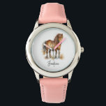Cute Whimsical Brown Pony Horse Script Namn Armbandsur<br><div class="desc">Cute children tittar med en vattenfärg teckning på en söt brun häst och har ett eget namn i vismiskt manus.</div>