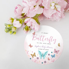 Cute Whimsical Butterfly Girls Rosa Baby Shower Runt Klistermärke