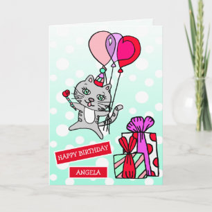 Cute Whimsical Cat and Bubons Birthday Kort