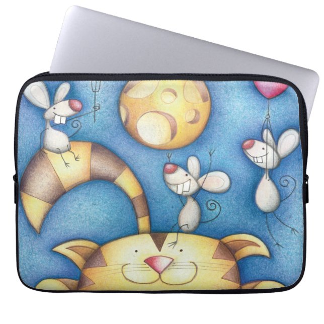 Cute Whimsical Cat and Mouse Moon Art Laptop Fodral (Framsidan)