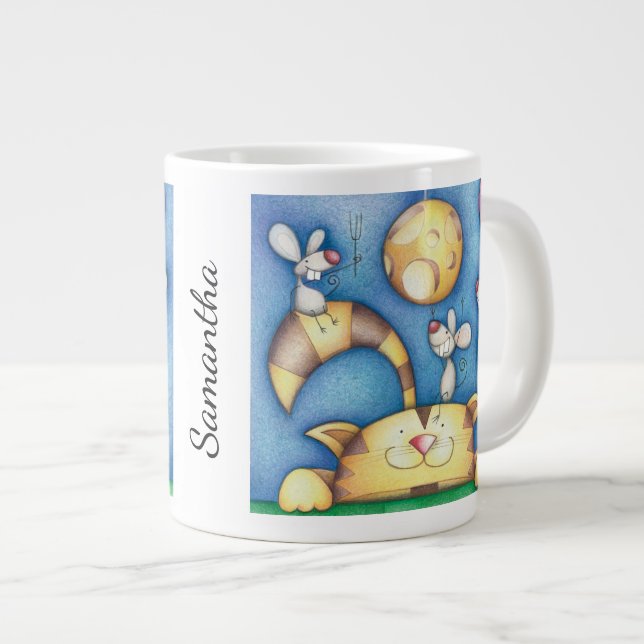 Cute Whimsical Cat and Mouse Moon Art Personalised Jumbo Mugg (Framsida höger)