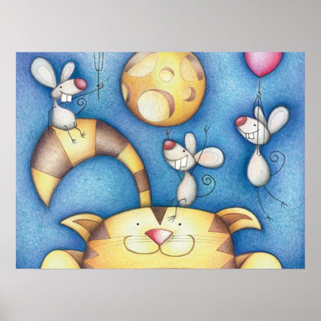 Cute Whimsical Cat and Mouse Moon Art Poster (Framsidan)