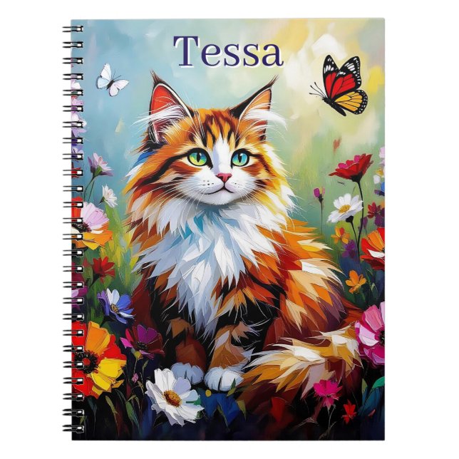 Cute Whimsical  Cat, Flowers and Butterflies Anteckningsbok (Framsidan)