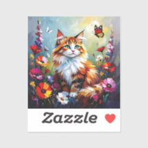 Cute Whimsical  Cat, Flowers and Butterflies