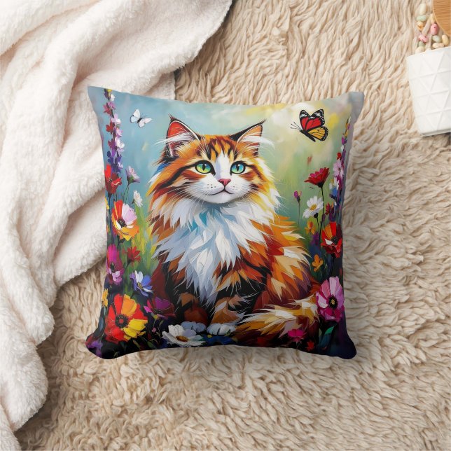 Cute Whimsical  Cat, Flowers and Butterflies Kudde (Filt)