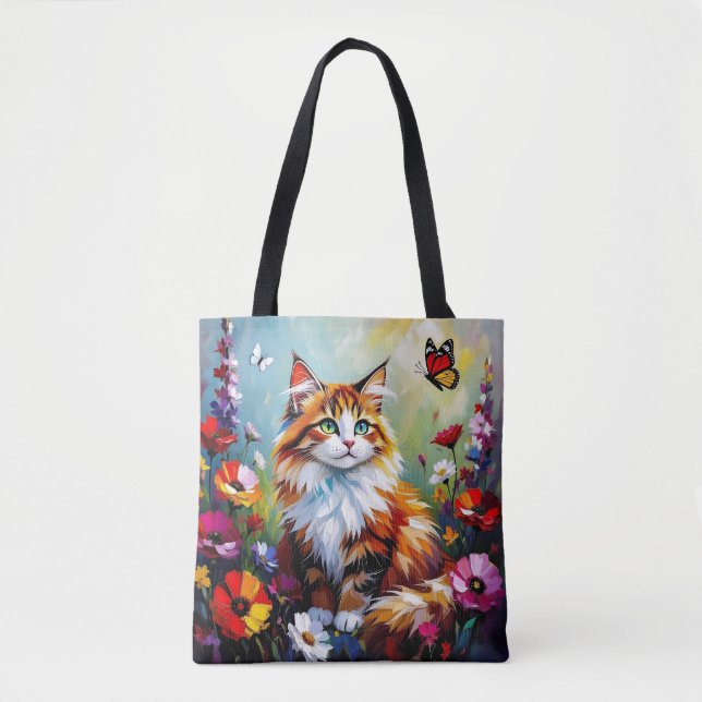 Cute Whimsical  Cat, Flowers and Butterflies Tygkasse (Framsida)