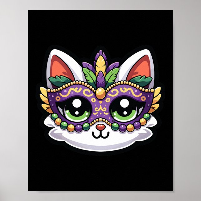 Cute Whimsical cat in Festive Mardi Gras Mask Poster (Framsidan)