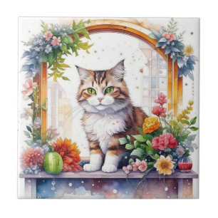 Cute Whimsical Cat in Window Kakelplatta