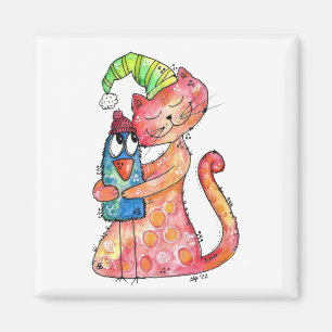 Cute Whimsical Cat Kärlek Bird Magnet