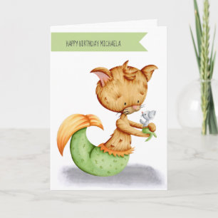 Cute Whimsical Cat Mouse Sjöjungfru Birthday Kort