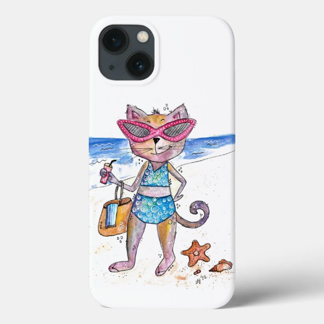 Cute Whimsical Cat på Beach (Baksida)